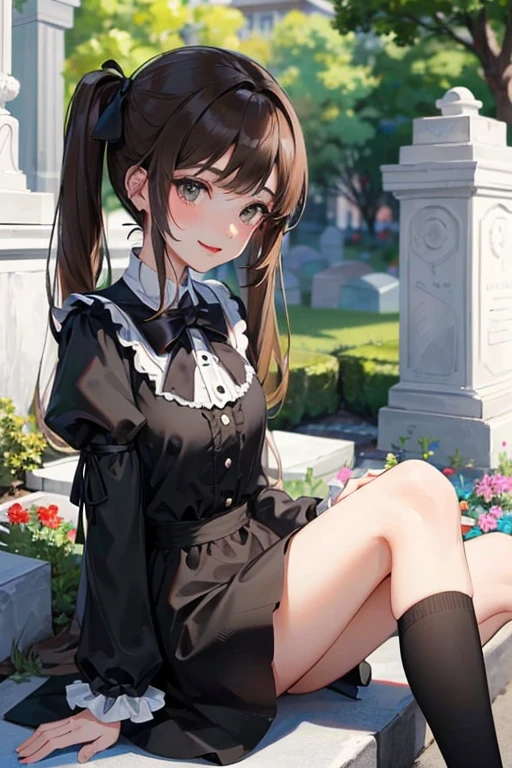 Girl with long dark brown hair with straight bangs in two pigtails, slightly slanted black eyes, black lips, black lolita style dress,sitting on a grave looking at the camera and smiling shyly in anime