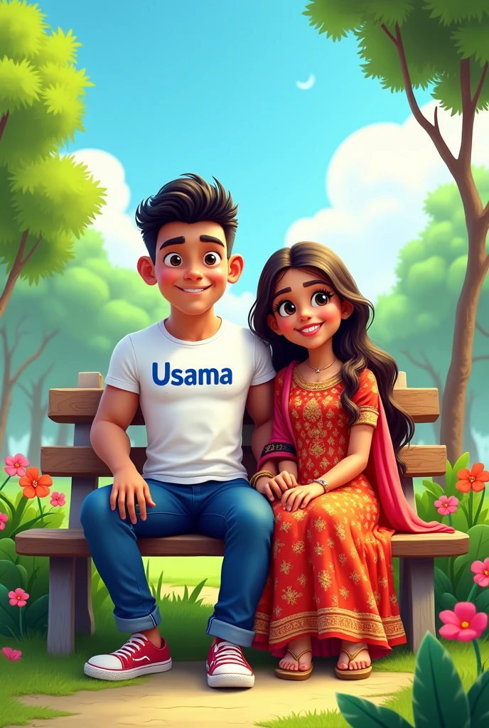 Make realistic graphics cartoon image to creat boy and girl sitting on park boy look like bodybuilder boy wearing t shirt and type usama in shirt and girl wearing pakistani dress type vanessa in dress girls shirt type vanessa name
