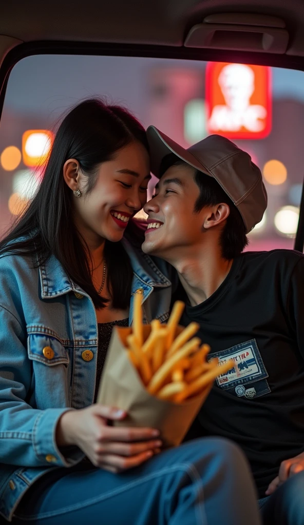 A fashionable Chinese couple,Holding KFC fries,Intimate smile,In the car,There is a clear KFC sign in the background