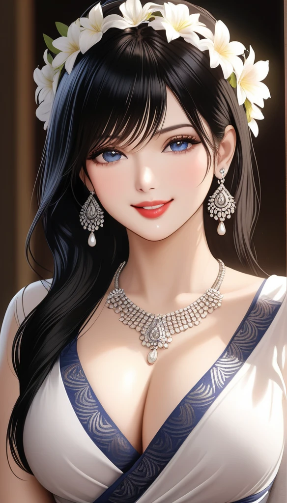 (best quality,4k,8k,highres,masterpiece:1.2),ultra-detailed,(realistic,photorealistic,photo-realistic:1.37),elegant mature woman,seductive pose,blue eyes,wavy blunt hair,black hair,white saree with intricate patterns,bare legs,saggy breasts,beautiful cg,soft light,long kundan jhumka earrings,cleavage,makeup, delicate necklace ,red lipstick,cute smile, dimple,blush, bangles ,flower on head
