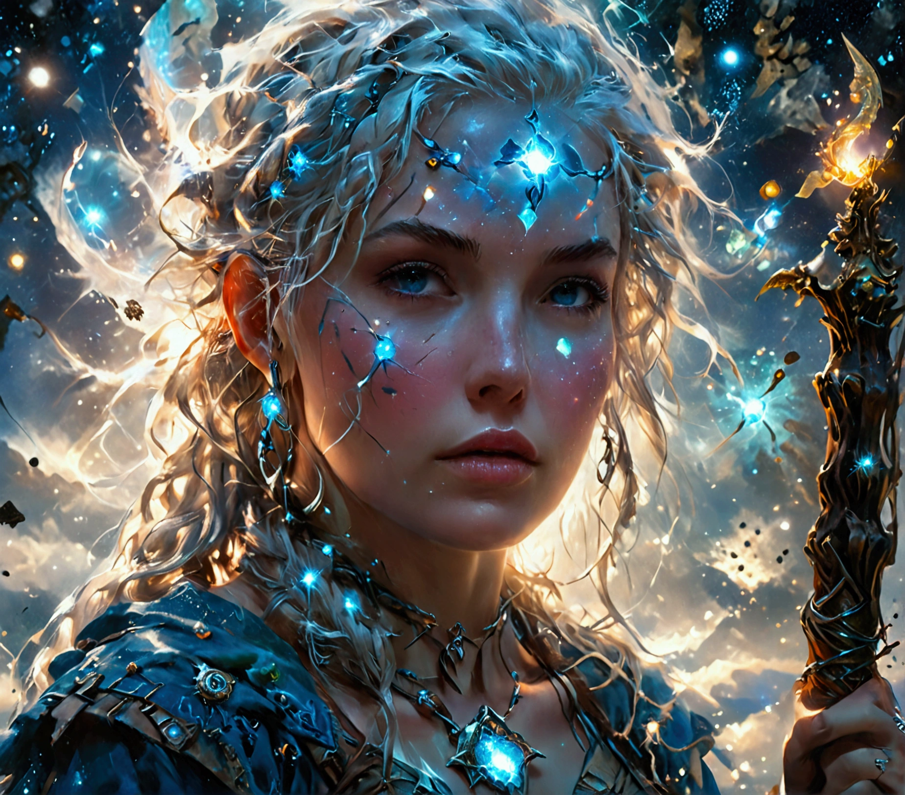 comic art , dnd art, rpg art, realistic art, female human druid of the stars, guardian of nature, controlling magical energy made of stars, swirling blue stary magical light, divine symbols, (under the sky filled with stars: 1.4, human female, busty, extremally beautiful, ultra feminine, busty, dynamic hair, dynamic hair color, wearing leather armor, holding a staff, moon light, stars, dynamic natural background, RPG art, magical atmosphere magic-fantasy-sky full with colorful stars, high details, best quality, 16k, [ultra detailed], masterpiece, best quality, (extremely detailed), dynamic angle, ultra wide shot, photorealistic, ((fantasy art)) ultra best realistic, best details, best quality, 16k, [ultra detailed], masterpiece, best quality, (extremely detailed), ultra wide shot, photorealism, depth of field, hyper realistic painting, rpg portrait, mad-nbla