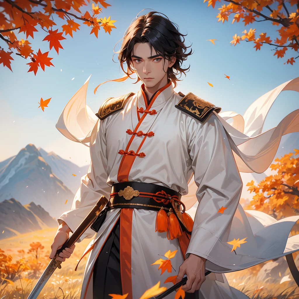 Handsome black-haired male general holding a large sword in white ancient Chinese general costume, walking In the middle of a spring mountain ,the backdrop is a mountain that turns orange-red in spring, and maple leaves fall from the trees.The sun shines and the sun rises, close up.