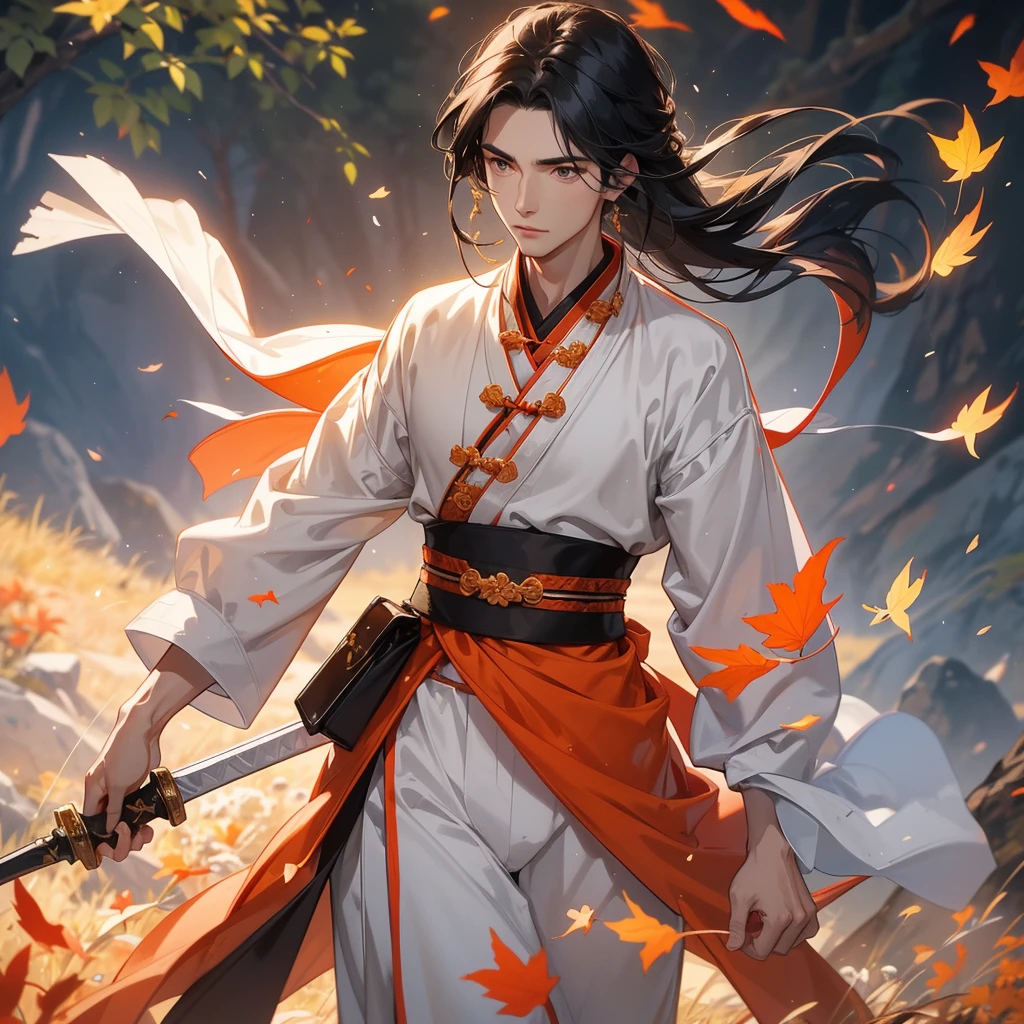 Handsome black-haired male general holding a large sword in white ancient Chinese general costume, walking In the middle of a spring mountain ,the backdrop is a mountain that turns orange-red in spring, and maple leaves fall from the trees.The sun shines and the sun rises, close up.