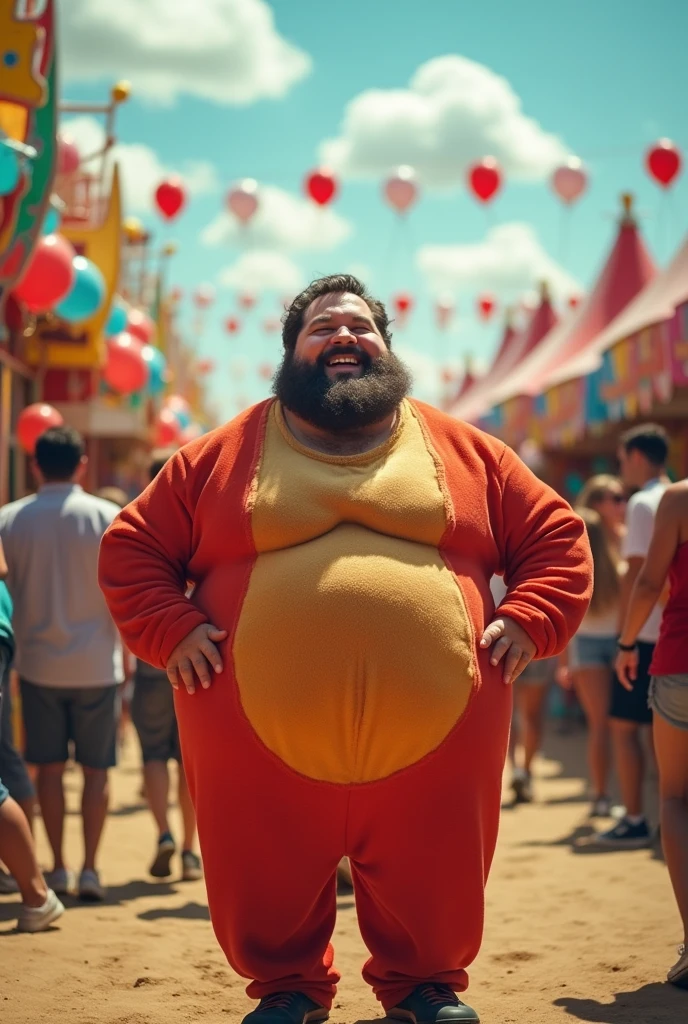 A man put inside a fat man costume