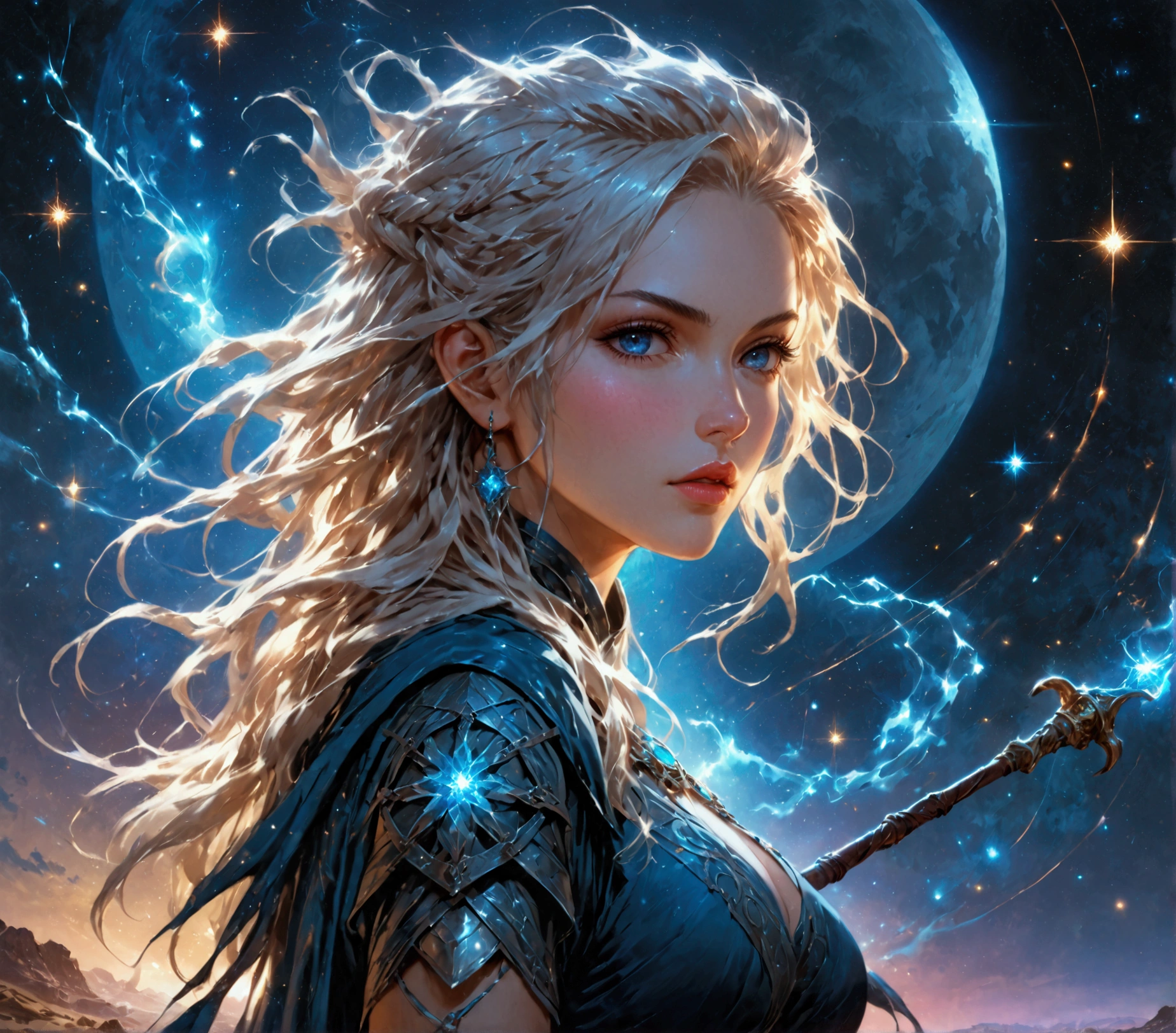 comic art , dnd art, rpg art, realistic art, female human druid of the stars, guardian of nature, controlling magical energy made of stars, swirling blue stary magical light, divine symbols, (under the sky filled with stars: 1.4, human female, busty, extremally beautiful, ultra feminine, busty, dynamic hair, dynamic hair color, wearing leather armor, holding a staff, moon light, stars, dynamic natural background, RPG art, magical atmosphere magic-fantasy-sky full with colorful stars, high details, best quality, 16k, [ultra detailed], masterpiece, best quality, (extremely detailed), dynamic angle, ultra wide shot, photorealistic, ((fantasy art)) ultra best realistic, best details, best quality, 16k, [ultra detailed], masterpiece, best quality, (extremely detailed), ultra wide shot, photorealism, depth of field, hyper realistic painting, rpg portrait, mad-nbla