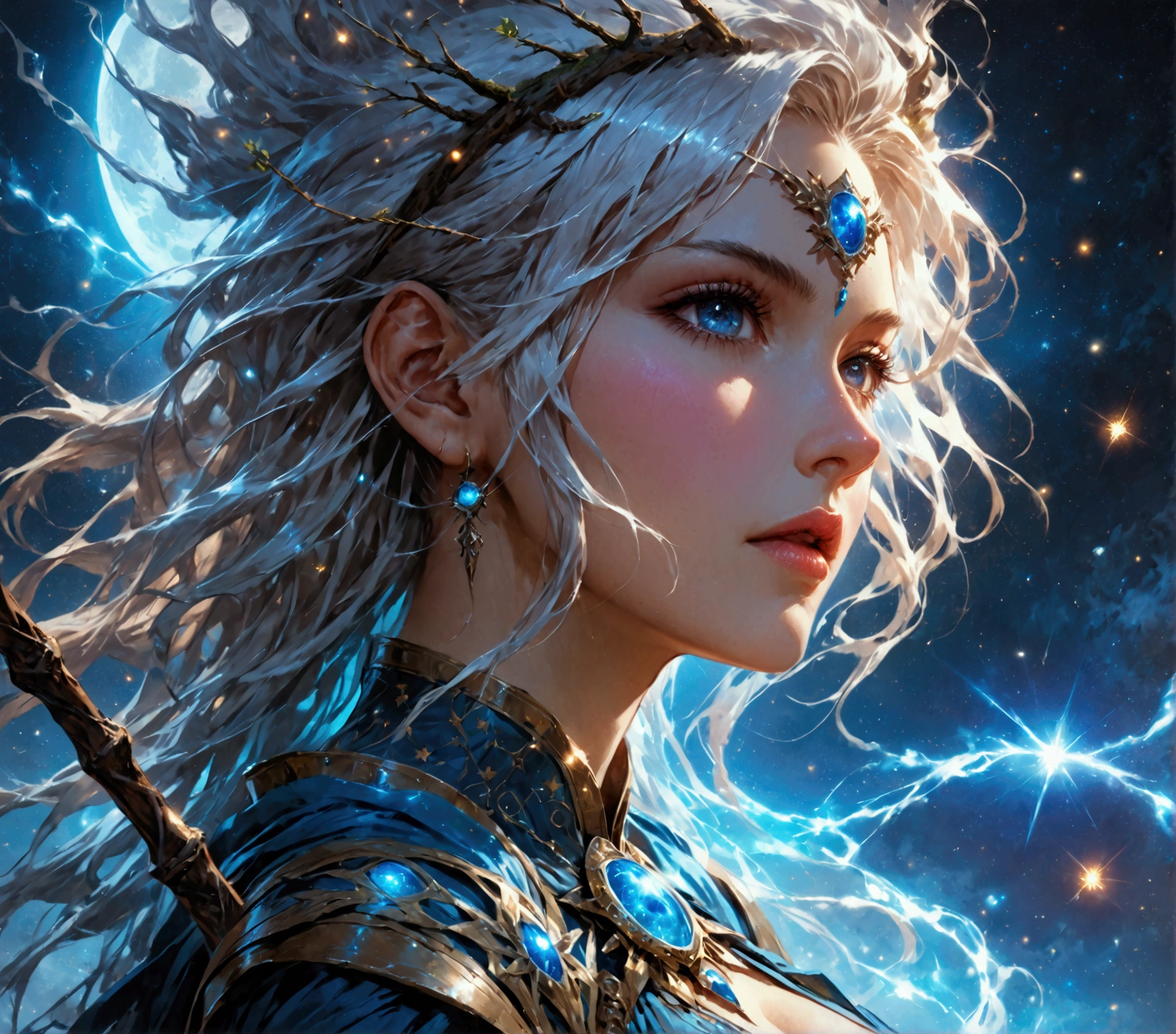 comic art , dnd art, rpg art, realistic art, female human druid of the stars, guardian of nature, controlling magical energy made of stars, swirling blue stary magical light, divine symbols, (under the sky filled with stars: 1.4, human female, busty, extremally beautiful, ultra feminine, busty, dynamic hair, dynamic hair color, wearing leather armor, holding a staff, moon light, stars, dynamic natural background, RPG art, magical atmosphere magic-fantasy-sky full with colorful stars, high details, best quality, 16k, [ultra detailed], masterpiece, best quality, (extremely detailed), dynamic angle, ultra wide shot, photorealistic, ((fantasy art)) ultra best realistic, best details, best quality, 16k, [ultra detailed], masterpiece, best quality, (extremely detailed), ultra wide shot, photorealism, depth of field, hyper realistic painting, rpg portrait, mad-nbla