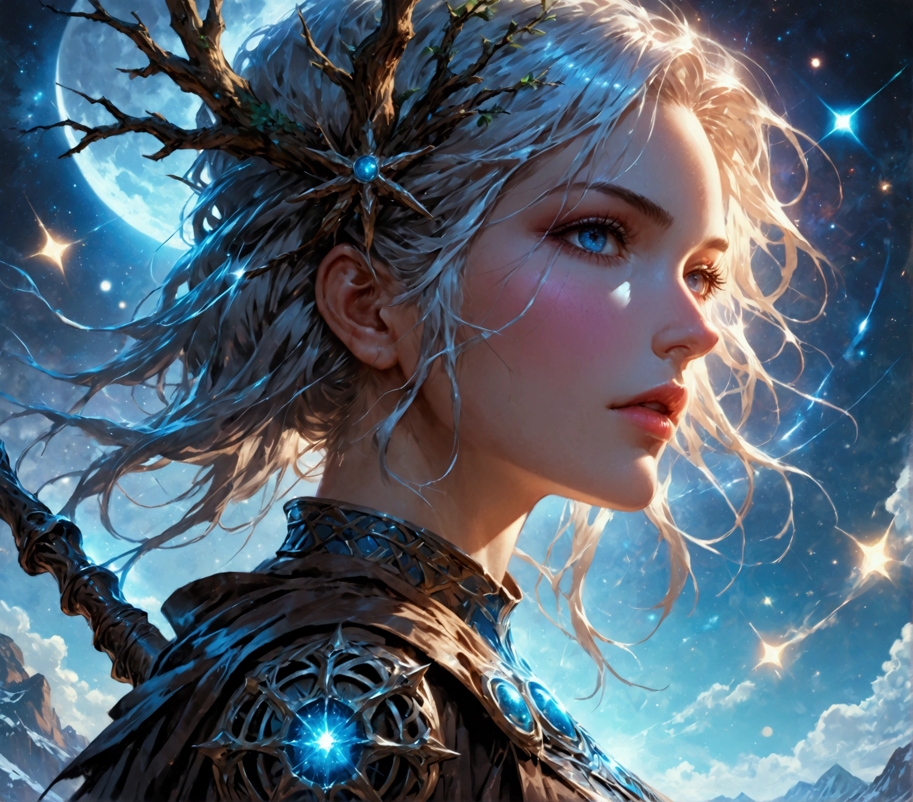 comic art , dnd art, rpg art, realistic art, female human druid of the stars, guardian of nature, controlling magical energy made of stars, swirling blue stary magical light, divine symbols, (under the sky filled with stars: 1.4, human female, busty, extremally beautiful, ultra feminine, busty, dynamic hair, dynamic hair color, wearing leather armor, holding a staff, moon light, stars, dynamic natural background, RPG art, magical atmosphere magic-fantasy-sky full with colorful stars, high details, best quality, 16k, [ultra detailed], masterpiece, best quality, (extremely detailed), dynamic angle, ultra wide shot, photorealistic, ((fantasy art)) ultra best realistic, best details, best quality, 16k, [ultra detailed], masterpiece, best quality, (extremely detailed), ultra wide shot, photorealism, depth of field, hyper realistic painting, rpg portrait, mad-nbla