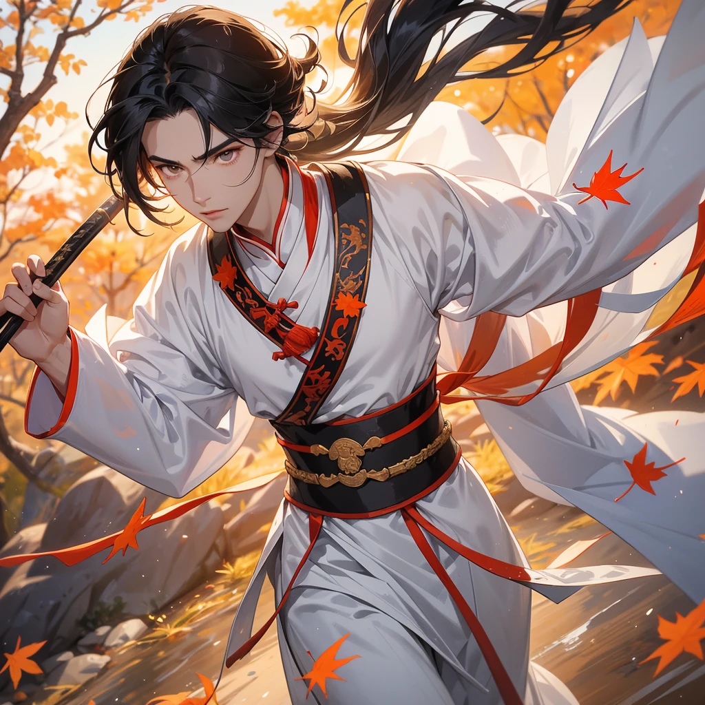 Handsome black-haired male general holding a large sword in white ancient Chinese general costume, walking In the middle of a spring mountain ,the backdrop is a mountain that turns orange-red in spring, and maple leaves fall from the trees.The sun shines and the sun rises, close up.