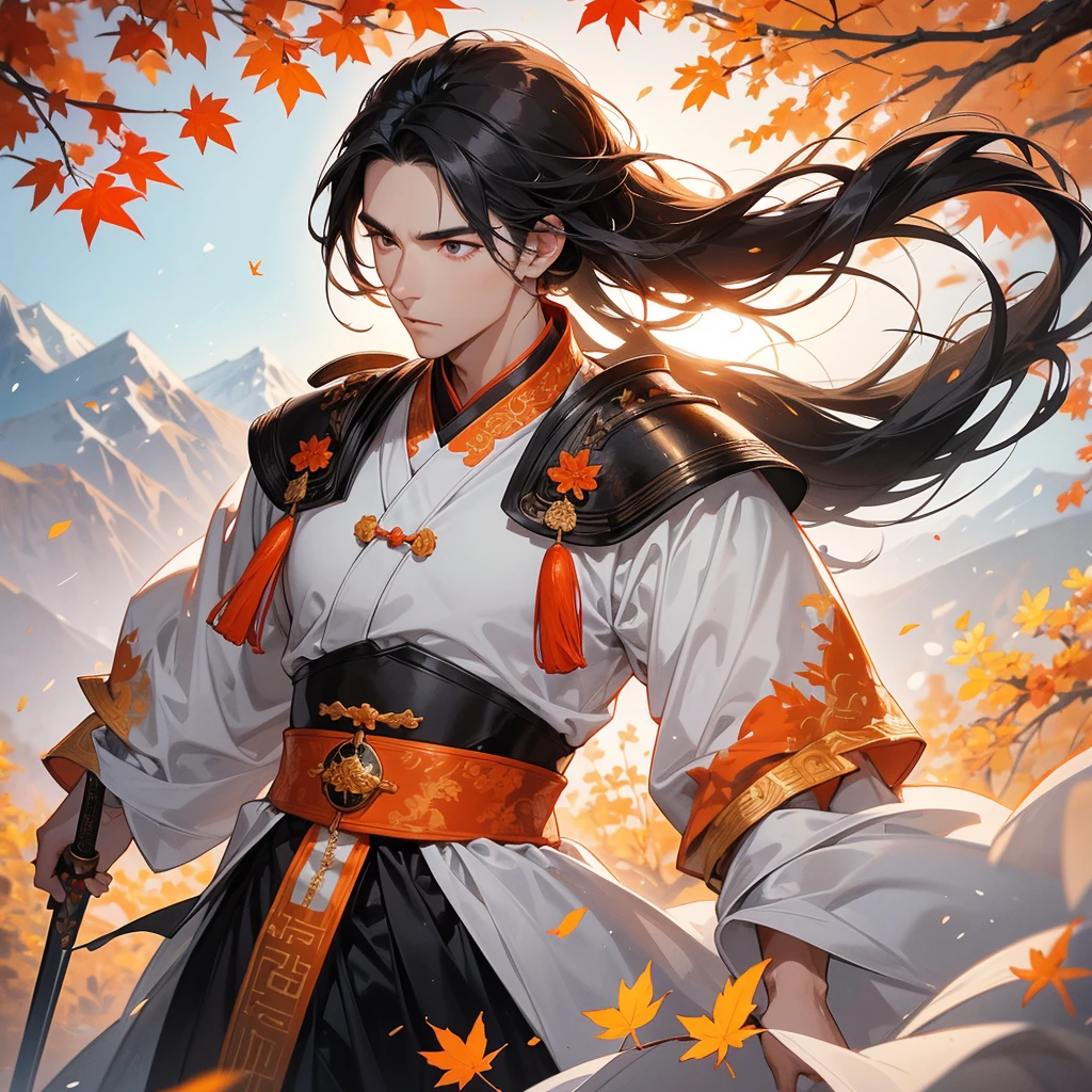 Handsome black-haired male general holding a large sword in white ancient Chinese general costume, walking In the middle of a spring mountain ,the backdrop is a mountain that turns orange-red in spring, and maple leaves fall from the trees.The sun shines and the sun rises, close up.