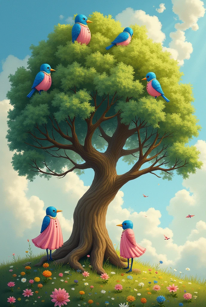 A tree with many blue birds wear pink dress like human