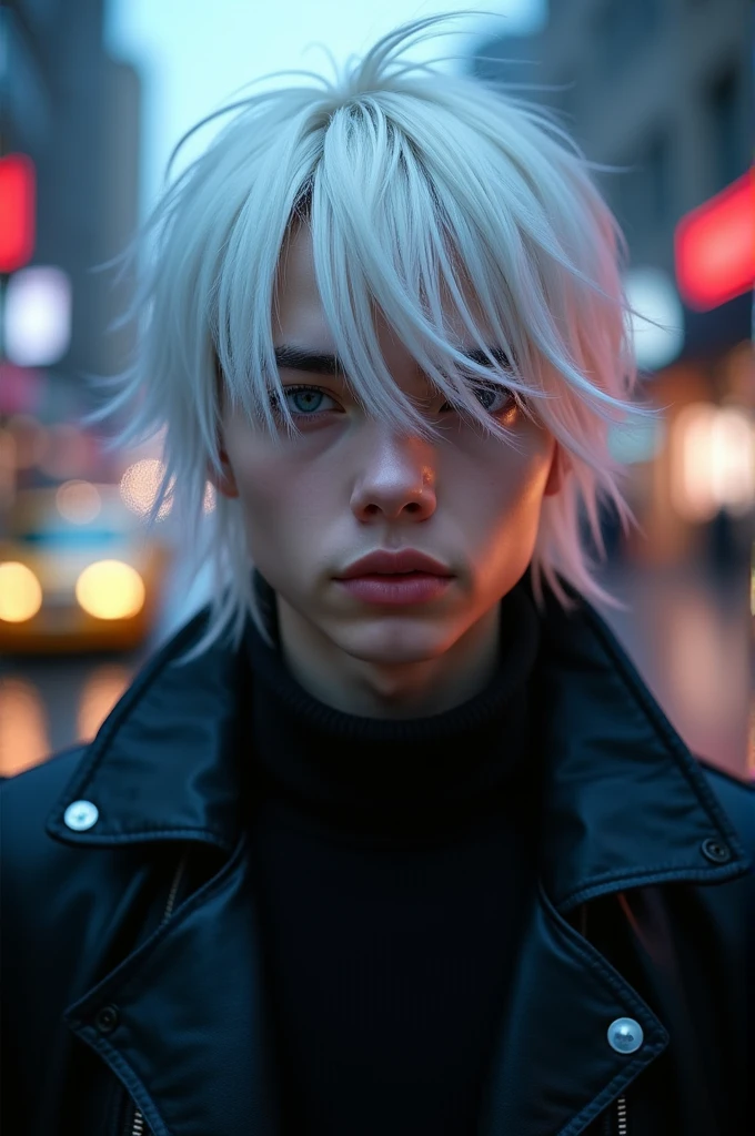 A handsome young man with white hair and long bangs hiding his eyes