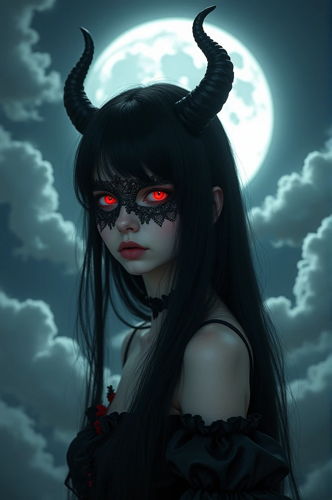 A girl with pale skin and one eye covered with a patch and the other red, with long black hair, with devil horns and very sensual