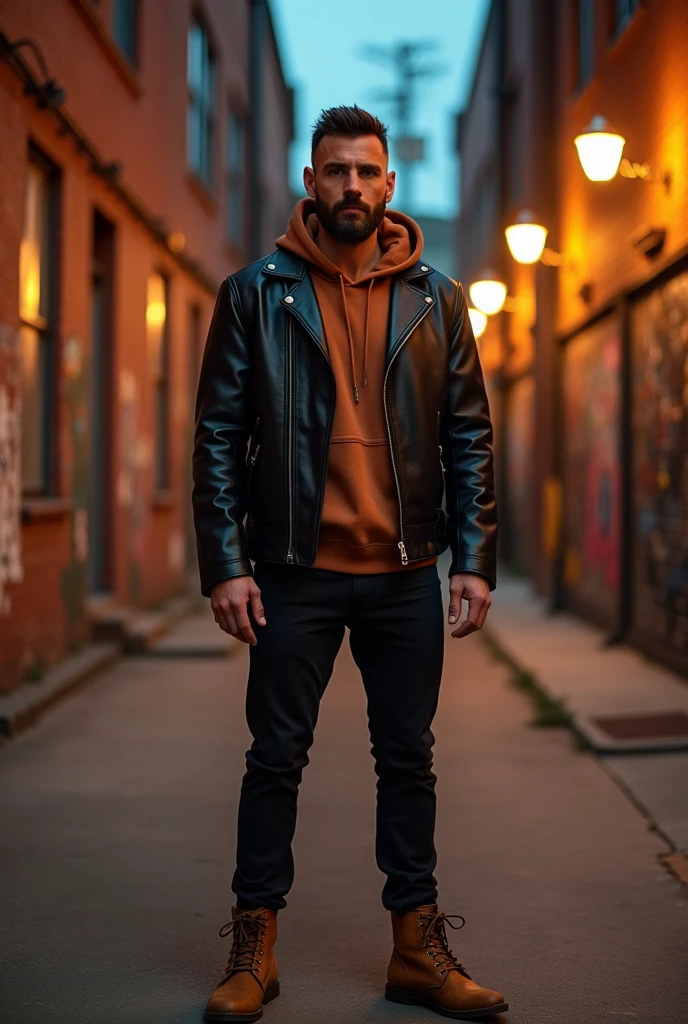 A man in a leather jacket, Underneath a clay brown hooded shirt and wearing black pants and camel-colored boots