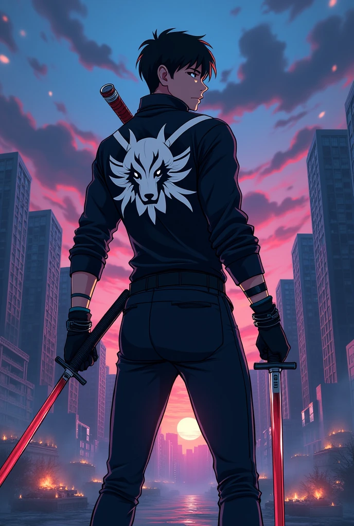 Anime, homme, inspiré de baek doo san (jeune) avec vêtement de combat ( noir avec logo d’une tête de loup avec deux sabres), pantalon noir, deux katana