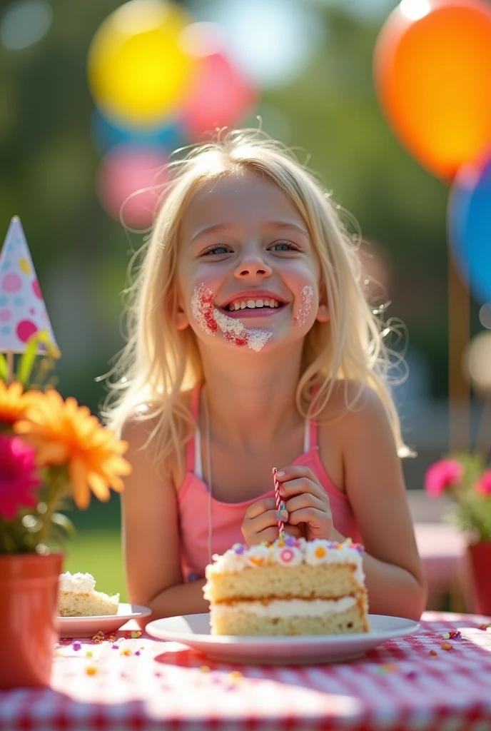 Blonde girl eats cake funny birthday smile joy balloons sun summer flowers holiday