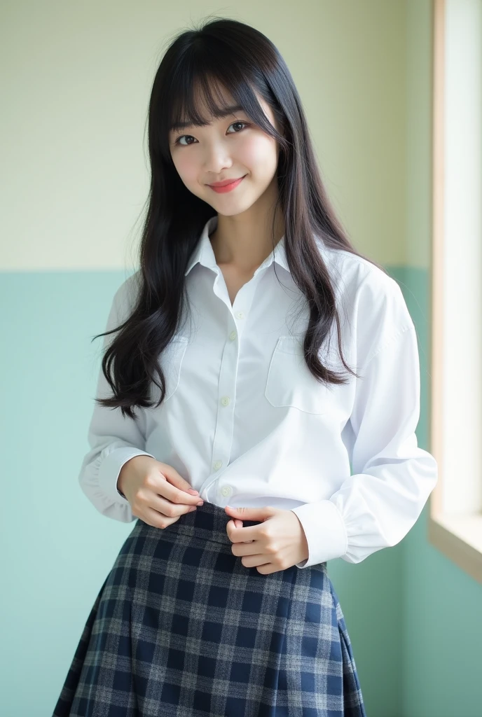 A smiling Japanese high school girl with straight black hair is wearing a white dress shirt and is about to take it off.。
The mini skirt is navy blue。Gray checkered pattern with black overall。
Skirt length is shorter than above the knee。
The length of the hair is very long。
The bangs are neatly trimmed and cover the eyebrows.。
Nogizaka46-ish 。
Height: 180cm。 Model-like. Both of their faces are visible, so it's almost like a photograph.