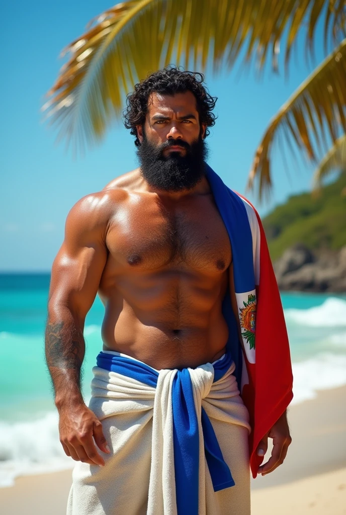 man strong, bearded and hairy man wrapped in a towel with the flag of El Salvador.