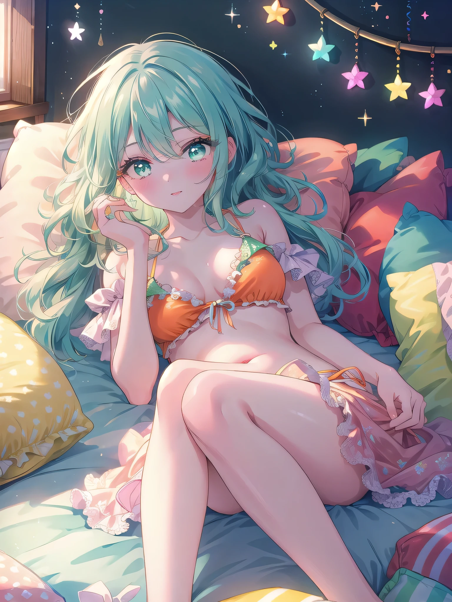 ((8k, Highest quality, masterpiece: 1.3)),Ultra-high resolution,(1 girl, alone), (Color changing eyes, Ultra-detailed, Expressive brilliance, Glitter, Glowing Eyes), Highly detailed eyes, Highly detailed face, Random Hair, ((pastel colour))A playful young woman with pastel mint-green hair styled into loose waves, lying on her stomach on the bed during a lazy afternoon. She is wearing a bright orange bikini with ruffled edges. The camera captures her from a top-down angle as she lies with her legs bent at the knees, playfully kicking her feet in the air while resting her chin on her hands. The room is filled with soft natural light, with cozy and casual decor that emphasizes the relaxed, carefree atmosphere.