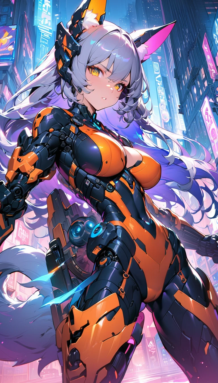 best quality,4k,8k, highres, masterpiece:1.2), extremely detailed eyes, extremely detailed body, (large masterpiece digital art), (detailed manga illustration), (detailed line art), ((perfect anatomy)), (intricate details:1.3), (ultra-detailed:1.3), (illustration:1.3), (sharp focus:1.3), (natural lighting:1.05), (vivid colors:1.3), (masterpiece), (best quality:1.4), (perfect anatomy:1.4), high quality, expressive eyes, full body, tall girl, detailed face, beautiful face, perfect face, breasts, gloves, large breasts, cyberpunk, (black armor), azure armor, long hair, ((tanned skin)), straight hair, detailed (ash gray hair), detailed eyes, (yellow eyes), fox ears, fox tail, hourglass physique, mecha musume, fortified suit, mechanical parts, headgear, robot joints, bodysuit, deva battle suit, gloves, thick thighs, toned, emblem, superhero, dynamic lighting, 4k resolution, dynamic pose, weapon, energy weapon portrait, Jeff Bridges, ((cartoon style)), Marvel Cinematic Universe style, (((alien city in the background))), soft bokeh of futuristic city, Atey Ghailan, Jeremy Mann, Greg Manchess, Antonio Moro, trend in ArtStation, trend in CGSociety, Intricate, High Detail, Sharp focus, dramatic and photorealistic painting art by Midjourney and Greg Rutkowski, bokeh in the background