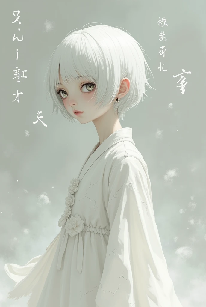 Make a character of a full-body white girl. Short white hair and white skin with cracks Bizarre 2d ancient Japanese drawing style. It&#39;s the gray one, spookydrawingvery simplewith letters with titledream
