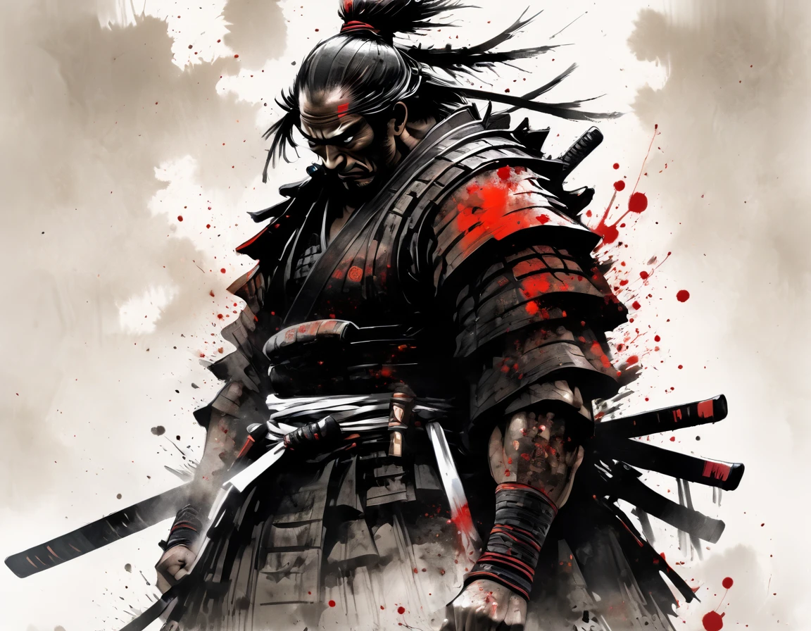 highly athletic samurai warrior, white background, kneeling on one knee, traditional samurai sword covered in red blood , collapsed in despair and anguish, silhouette, backlit, blood splatter spray, fine art parody, upper body, ink art-style, INK, sumi-e art-style, masterpiece, black and white ink, ink droplets all over the place, ink droplets, ((masterpiece: 2)), Ink art style