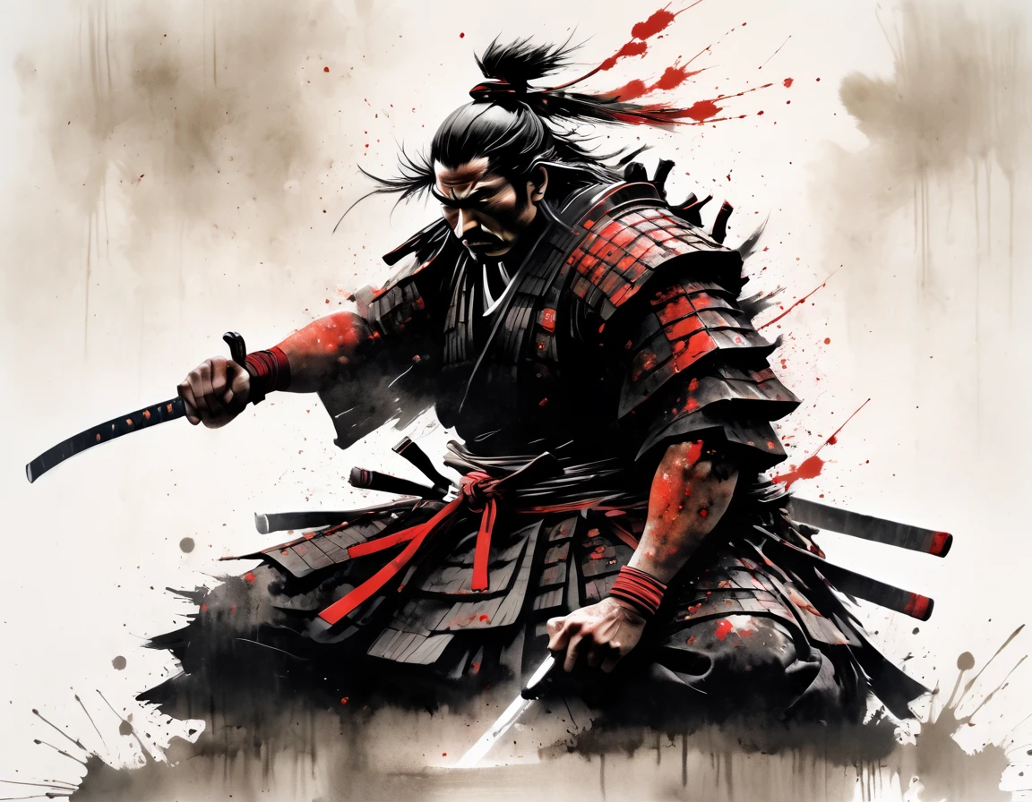 highly athletic samurai warrior, white background, kneeling on one knee, traditional samurai sword covered in red blood , collapsed in despair and anguish, silhouette, backlit, blood splatter spray, fine art parody, upper body, ink art-style, INK, sumi-e art-style, masterpiece, black and white ink, ink droplets all over the place, ink droplets, ((masterpiece: 2)), Ink art style