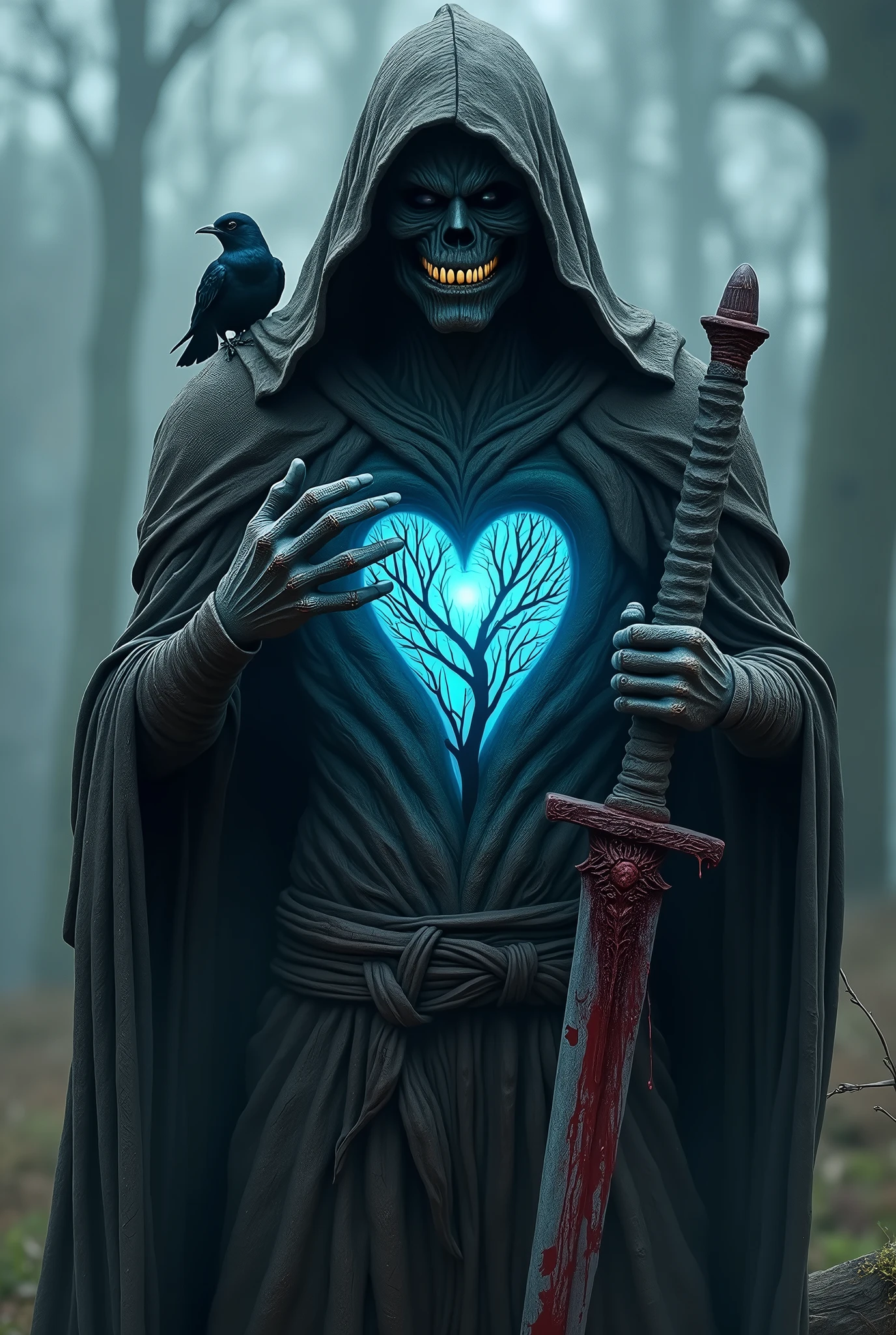 An creature made up of dark wood witha an infinity hollow behind him wearing a hooded robe from which we can see his monstrous smile and a sperrow purged on his one hand and a bloody sword in his other and a blue firey heart between his chest made up of branches