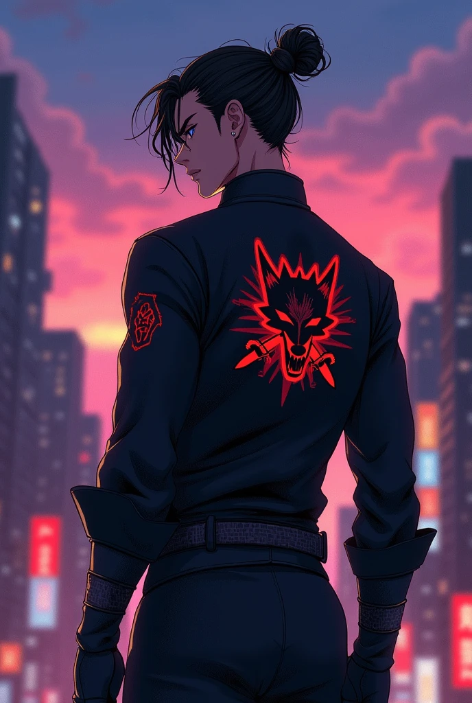 Anime, homme, inspiré de baek doo san (jeune) avec vêtement de combat ( noir avec logo d’une tête de loup avec deux sabres), pantalon noir, deux katana, avec un chignon