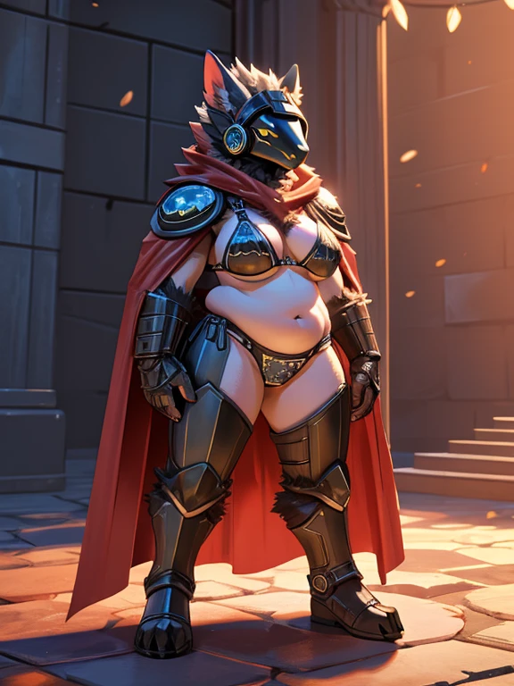 Hairy Protogen, Wide hips, stomach, beautiful, chubby, spongy, Hairy details, female, naked big breasts, Spartan armor (leather bikini bottom, bright red cape, leather chest harnesses), Spartan helmets on the ground, gladius and shield, (posing in combat arena for image)