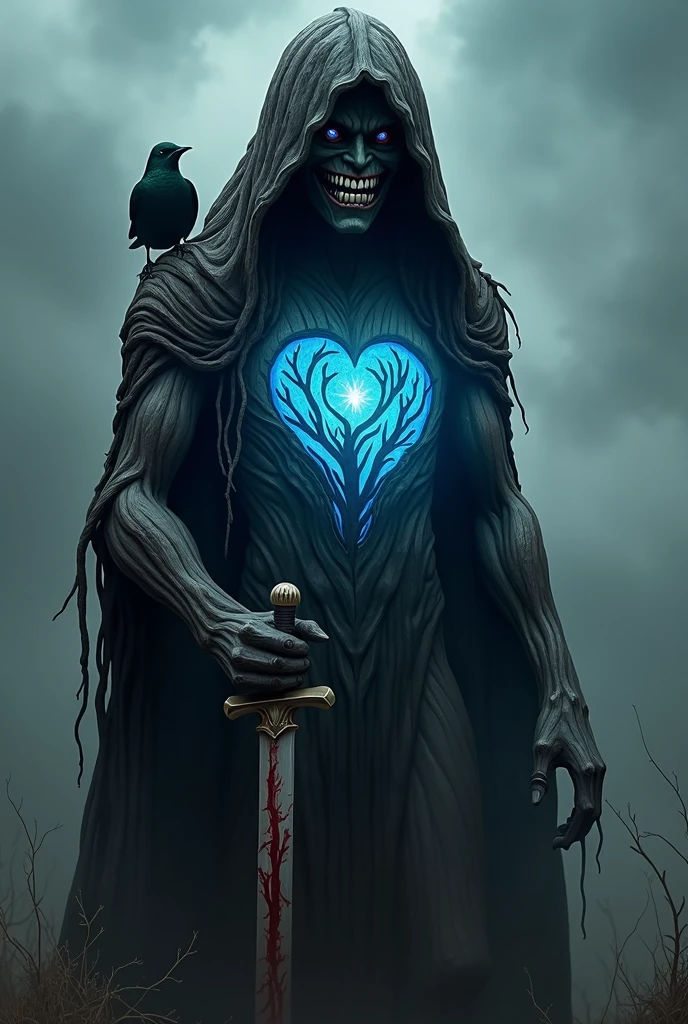 An creature made up of dark wood witha an infinity hollow behind him wearing a hooded robe from which we can see his monstrous smile and a sperrow purged on his one hand and a bloody sword in his other and a blue firey heart between his chest made up of branches