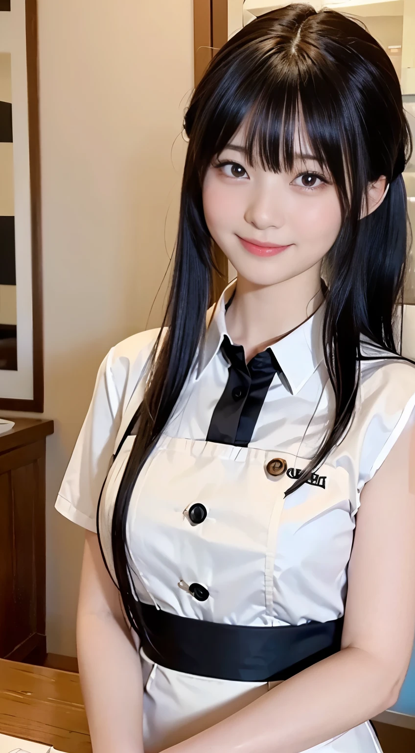(Highest quality,masterpiece:1.3,Ultra-high resolution,),(Very detailed,Caustics),(Realistic:1.4,RAW shooting,)Ultra-Realistic Capture,Very detailed,High resolution 16K human skin closeup。 Natural skin texture、,pores、、、、It must be detailed enough to be easily identifiable。 Skin tone is even and healthy looking。 Use natural light and color,restaurant,Waitress Uniform,1 person,Japanese,18-year-old,cute,Black-haired,ponytail,Big Breasts,smile,Turn your body forward,(Front view:1.1),Looking into the camera,Cowboy Shot,