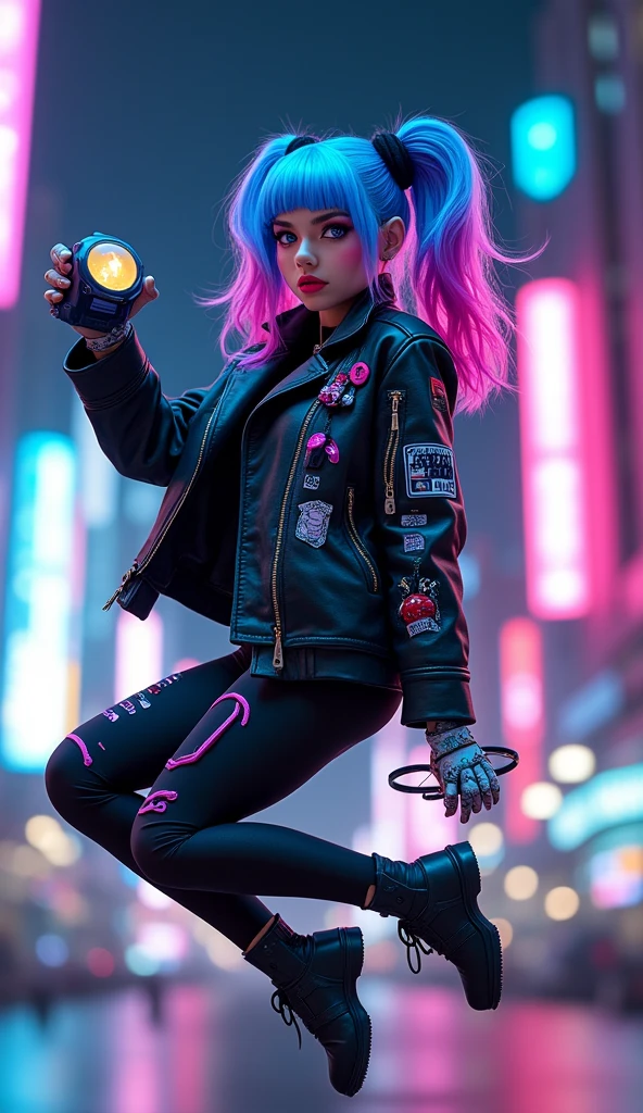 full body image of a stylized character with a futuristic, cyberpunk aesthetic. The character has bright blue hair with purple highlights, and their eyes are enhanced with blue and pink makeup, giving them a cybernetic appearance. They wear a black jacket with pink and blue accents, and there are various patches and patterns. jumping actions with futuristic little drone pet beside her. The background suggests a neon-lit urban environment, which is typical of the cyberpunk genre. The overall look is bold and fashionable, with a strong emphasis on technology and modern, high-tech fashion,