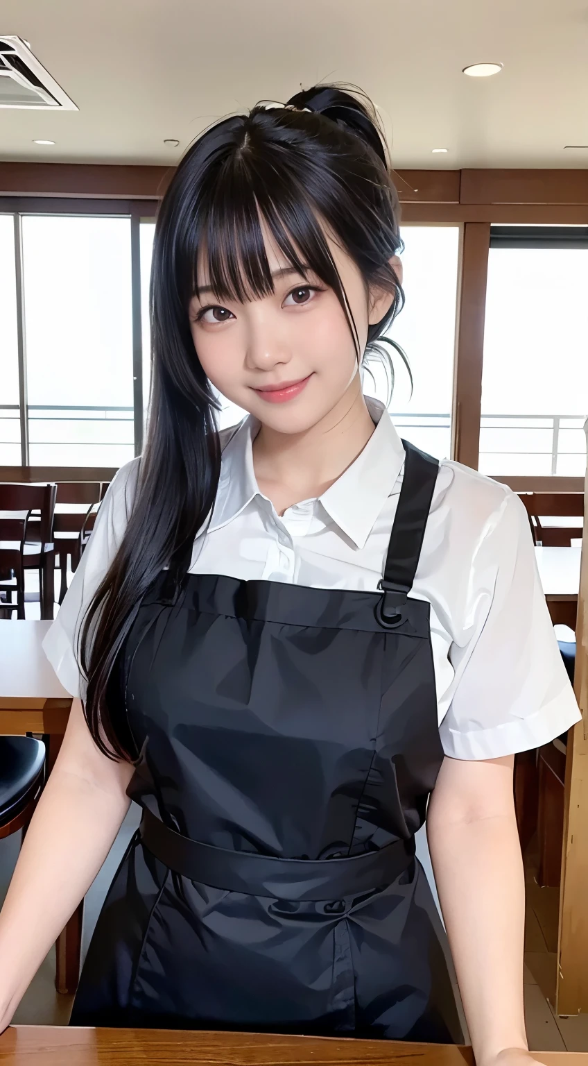 (Highest quality,masterpiece:1.3,Ultra-high resolution,),(Very detailed,Caustics),(Realistic:1.4,RAW shooting,)Ultra-Realistic Capture,Very detailed,High resolution 16K human skin closeup。 Natural skin texture、,pores、、、、It must be detailed enough to be easily identifiable。 Skin tone is even and healthy looking。 Use natural light and color,restaurant,Waitress Uniform,1 person,Japanese,18-year-old,cute,Black-haired,ponytail,Big Breasts,smile,Turn your body forward,(Front view:1.1),Looking into the camera,Cowboy Shot,
