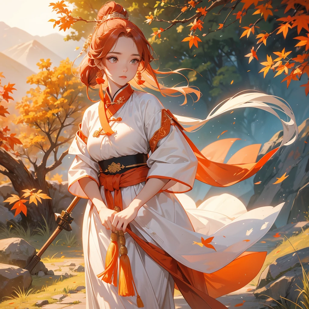 A beautiful female general holding a big spear in white ancient Chinese general costume, walking In the middle of a spring mountain ,the backdrop is a mountain that turns orange-red in spring, and maple leaves fall from the trees.The sun shines and the sun rises, close up.