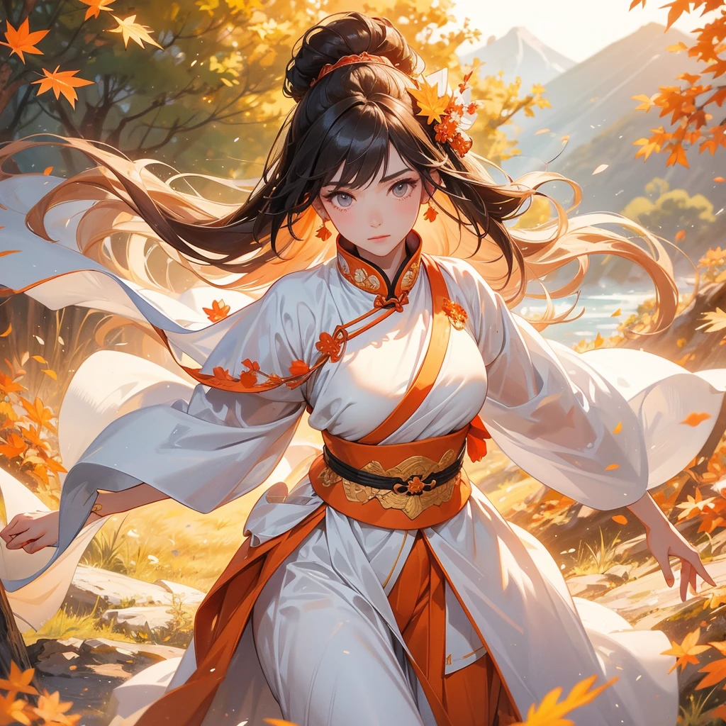 A beautiful female general holding a big spear in white ancient Chinese general costume, walking In the middle of a spring mountain ,the backdrop is a mountain that turns orange-red in spring, and maple leaves fall from the trees.The sun shines and the sun rises, close up.