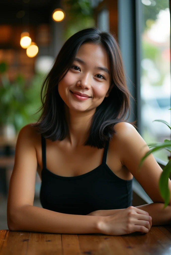 slightly tanned filipina with chinese eyes, straight short hair up to shoulders, wearing black top, around 20 years old