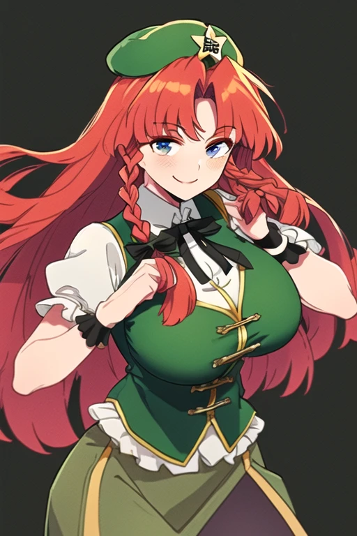 hong meiling, 1girl, solo, long haor, red hair, braids, blue eyes, smile, (facing the viewer), (looking at the viewer), big breasts, muscular body, white shirt, puffy sleeves, short sleeves, green vest, black ribbon, green skirt, gold trim, green beret, green hat, gold star, (cowboy shot), (simple dark background)