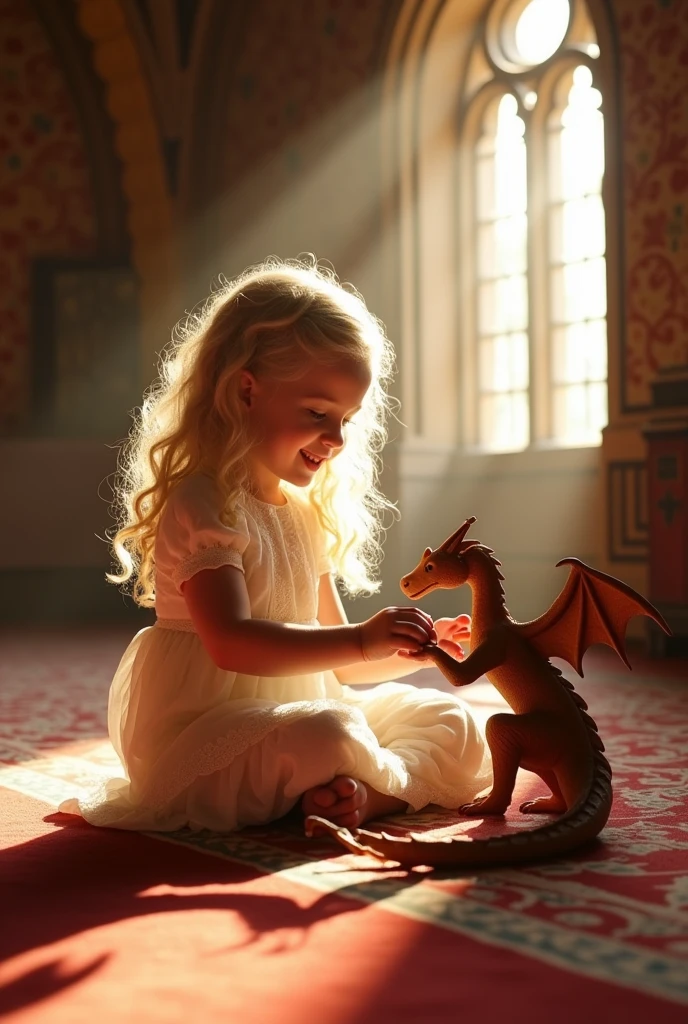 A beautiful adorable  Targaryen Princess with long curly platinum blonde hair, She's 5 years ace looks like Emilia Clarke, she's cute and smiling, she's wearing a royal cotton white Dress with net, she's playing with her Dragon toy made of wood, photorealistic 