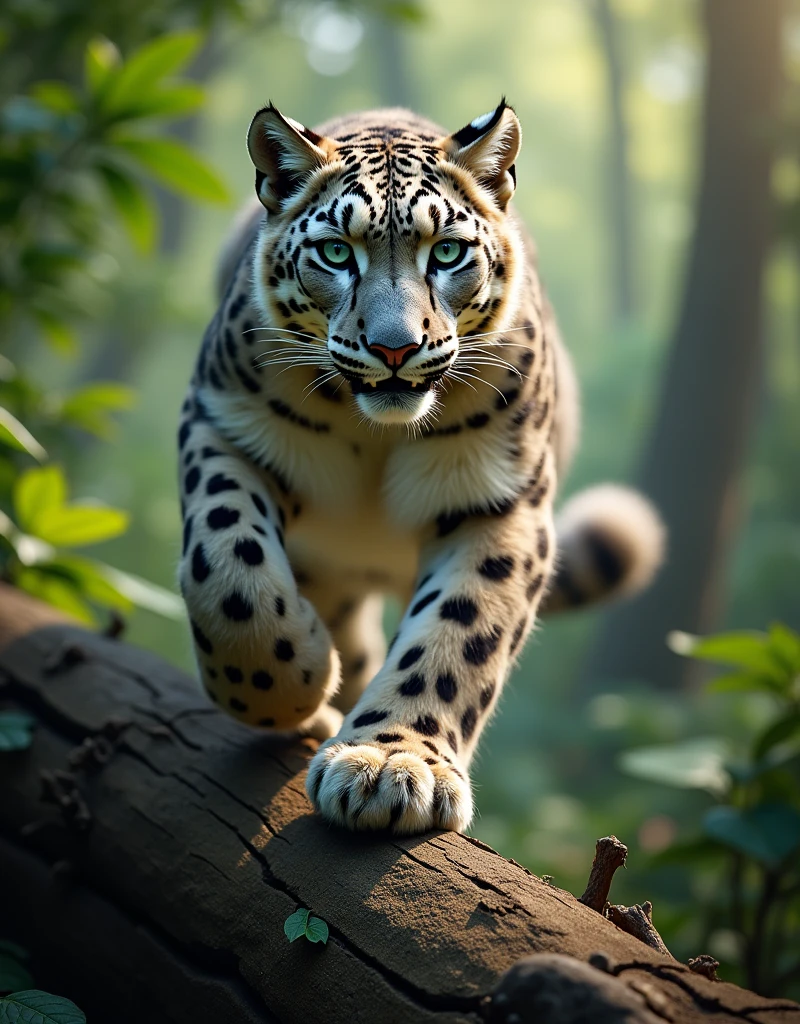 (((masterpiece))), (((Highest quality))), ((Very detailed)), (photograph), (photo:1.2) of a anthropomorphic Snow leopard, action pose on a fallen tree trunk, jungle background, motion blur, cinematic action angle, cinematic angle, cinematic perspective, action shot, action perspective. intricate details