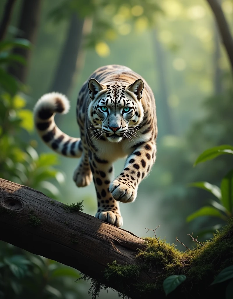 (((masterpiece))), (((Highest quality))), ((Very detailed)), (photograph), (photo:1.2) of a anthropomorphic Snow leopard, action pose on a fallen tree trunk, jungle background, motion blur, cinematic action angle, cinematic angle, cinematic perspective, action shot, action perspective. intricate details