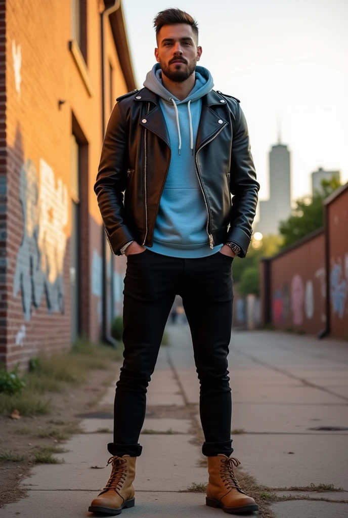A man in a leather jacket, Underneath a light blue hooded shirt and wearing black pants and camel-colored boots