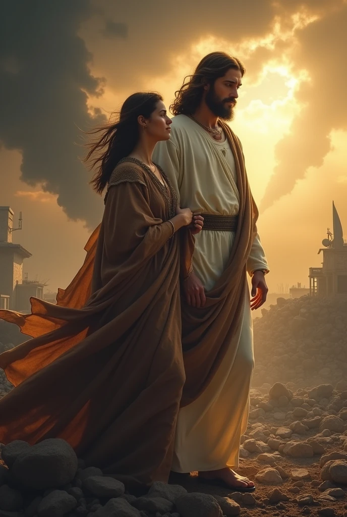 In a war place Jesus is protecting a women by standing back of her