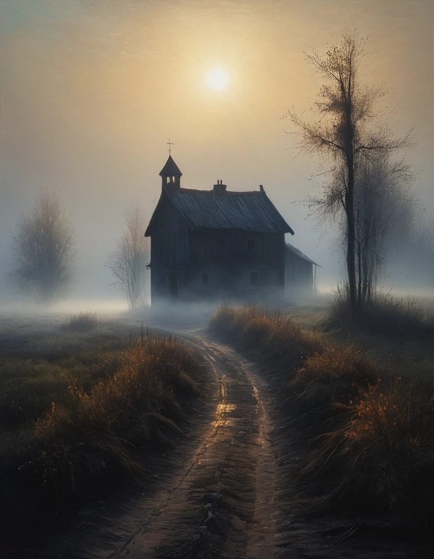 (((painting))) of a landscape permeated with mystery, early morning in a Russian village, thick fog and the first rays of the sun, dark atmosphere, cinematic scene, volumetric lights, ultra realistic, in the style of nicola samori