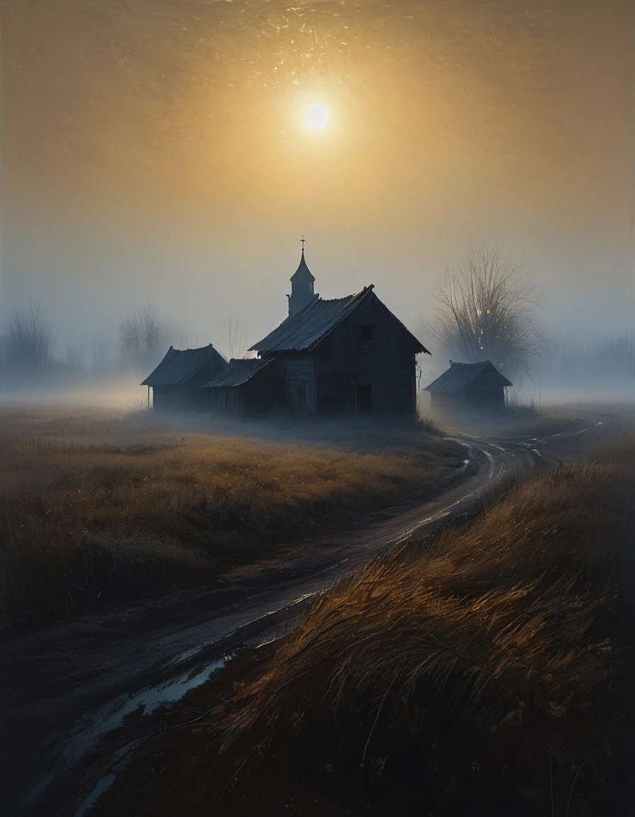 (((painting))) of a landscape permeated with mystery, early morning in a Russian village, thick fog and the first rays of the sun, dark atmosphere, cinematic scene, volumetric lights, ultra realistic, in the style of nicola samori