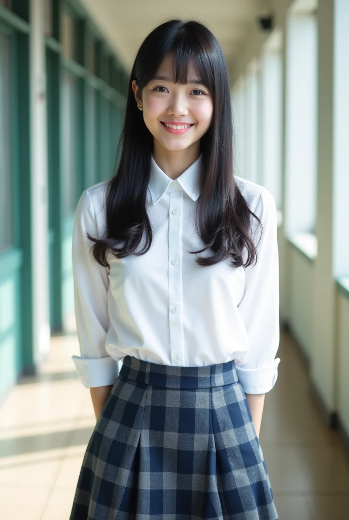 Smiling Japanese high school girl with straight black hair wearing a white dress shirt。

The mini skirt is navy blue。Gray checkered pattern with black overall。
The length of the skirt I&#39;m about to take off is shorter than above the knee.。
The length of the hair is very long。
The bangs are neatly trimmed and cover the eyebrows.。

Nogizaka46-ish 。
Height: 180cm。 Model-like. Both of their faces are visible, so it&#39;s almost like a photograph.