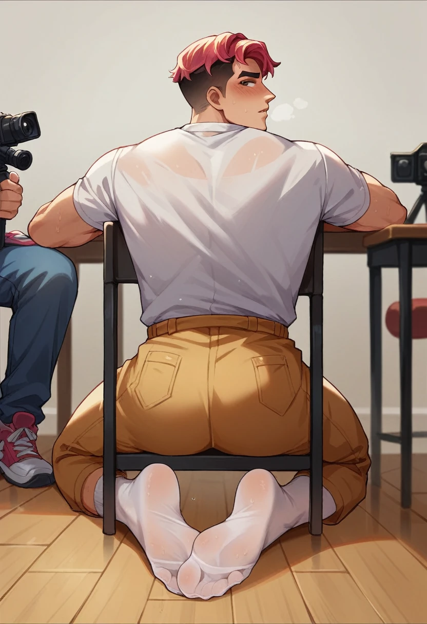 Asian boy , in a glittery thong , delicious back crack, on round chair , 