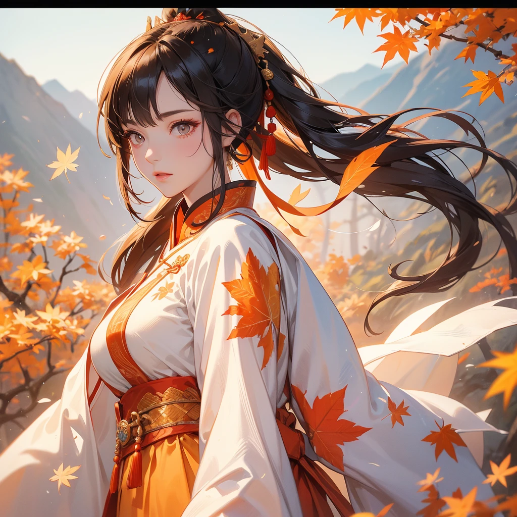 A beautiful female general holding a big spear in white ancient Chinese general costume, walking In the middle of a spring mountain ,the backdrop is a mountain that turns orange-red in spring, and maple leaves fall from the trees.The sun shines and the sun rises, close up.