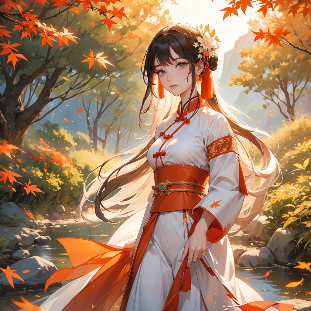 A beautiful female general holding a big spear in white ancient Chinese general costume, walking In the middle of a spring mountain ,the backdrop is a mountain that turns orange-red in spring, and maple leaves fall from the trees.The sun shines and the sun rises, close up.