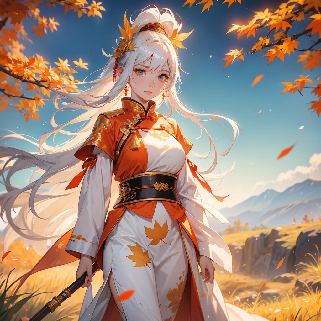 A beautiful female general holding a big spear in white ancient Chinese general costume, walking In the middle of a spring mountain ,the backdrop is a mountain that turns orange-red in spring, and maple leaves fall from the trees.The sun shines and the sun rises, close up.