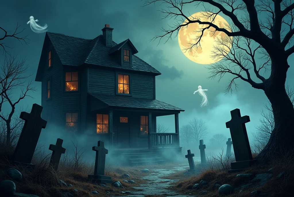 Halloween background with ghost, house, spooky, skelet, grave and moon. High detailed realistic illustration